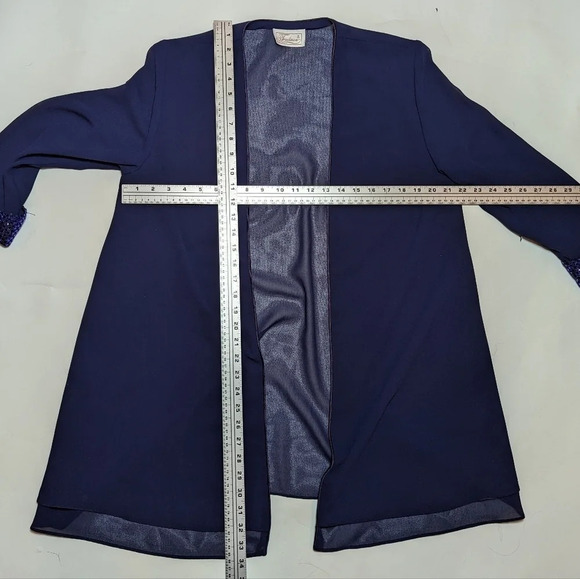 Vintage Traditions Sheer Navy Blazer Cardigan Sequin Sleeve Detail Woman Large - Picture 3 of 7